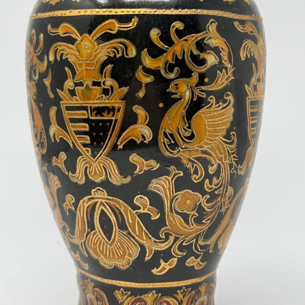 Vintage‎ Chinese Vase Black Gold French Phoenix Crest Floral Chinoiserie 11
